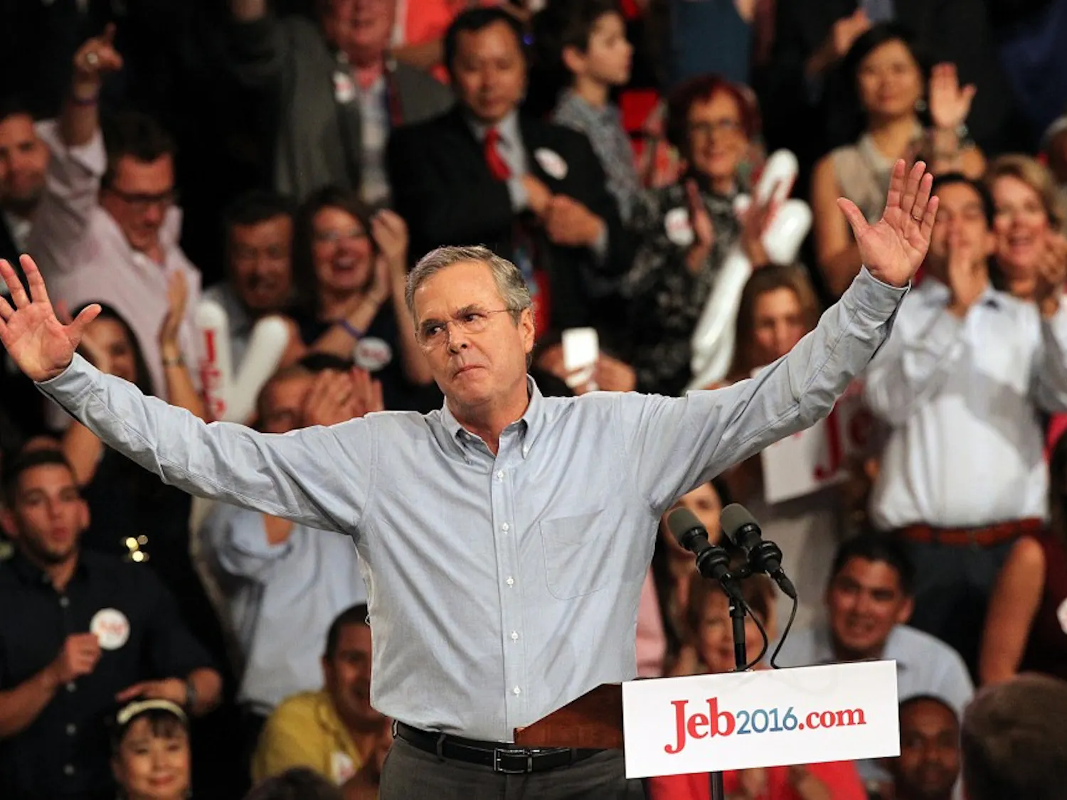 The crowd cheers as former Florida Gov. Jeb Bush announces his candidacy for president on Monday, June 15, 2015, at the Kendall campus of Miami Dade College in Kendall, Fla. (Patrick Farrell/Miami Herald/TNS)
