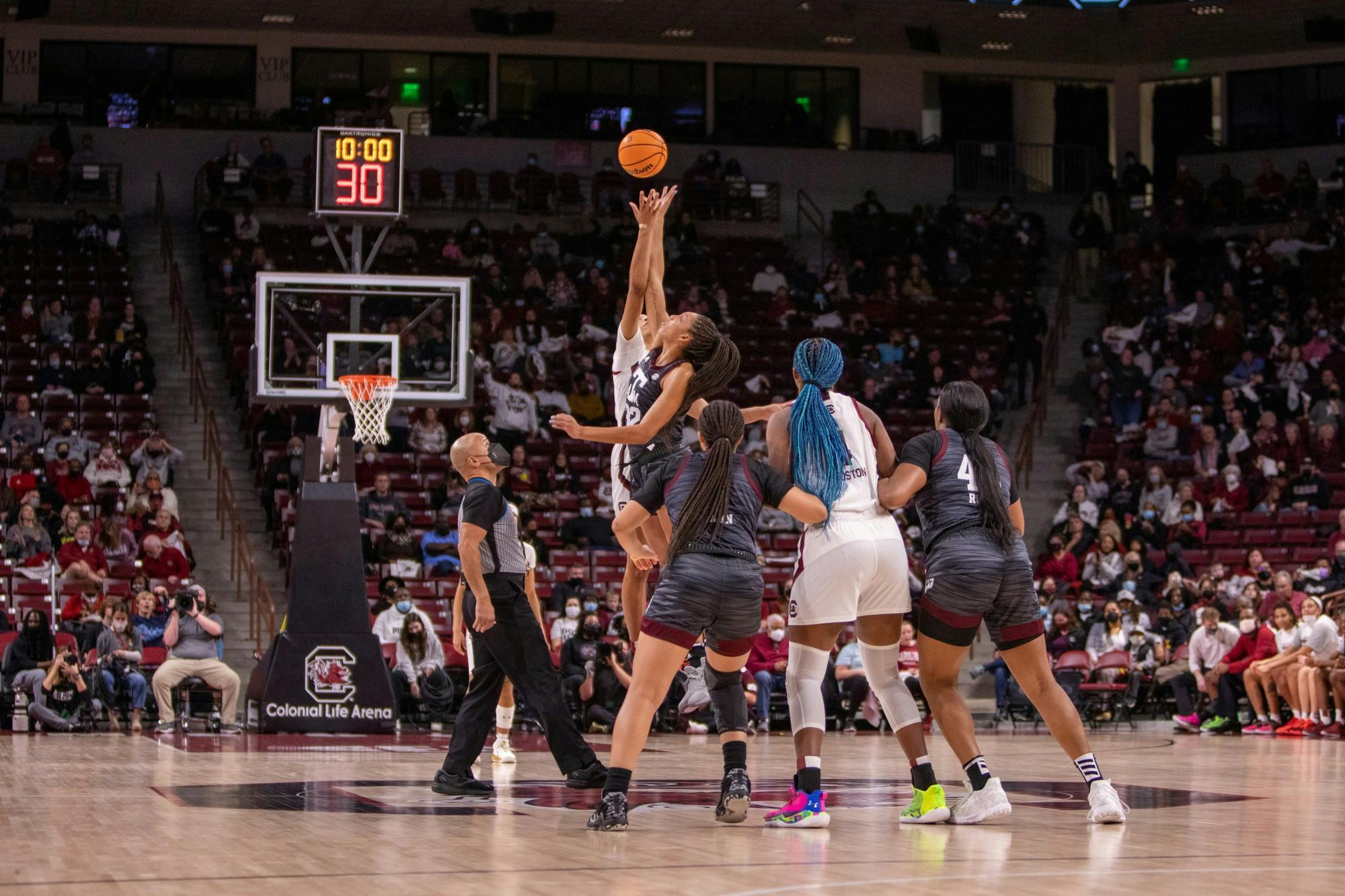 The Gamecocks win the tip-off to start the game against the Texas A&amp;M Aggies on Jan. 13, 2022. The Gamecocks beat the Aggies 65-45.