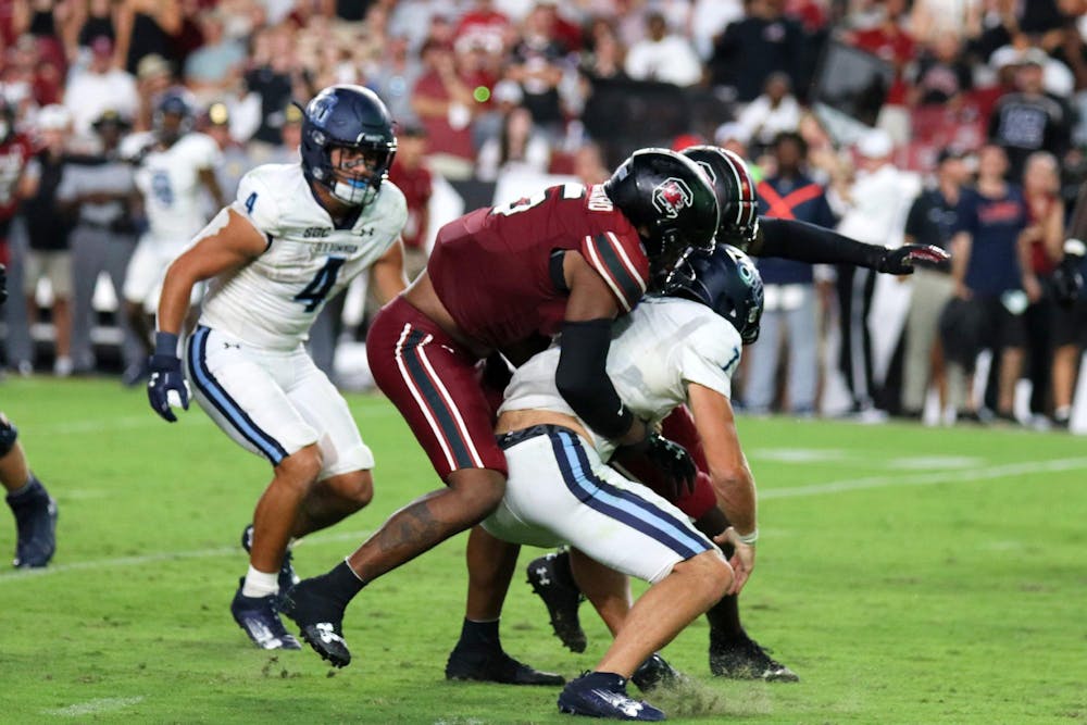 <p>FILE — Fifth-year edge Kyle Kennard attempts to sack Old Dominion's quarterback during South Carolina's home opener on Aug. 31, 2024. Kennard has contributed 3.5 sacks and three forced fumbles in the Gamecocks' first two games of the 2024 season.</p>