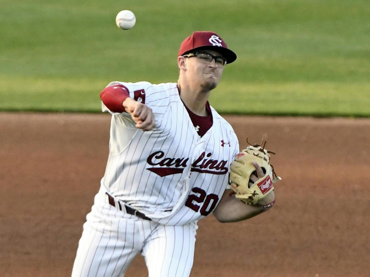 Former South Carolina third baseman Jonah Bride makes a throw across the diamond to first base. Bride made his MLB debut for the Oakland Athletics on June 15, 2022. 