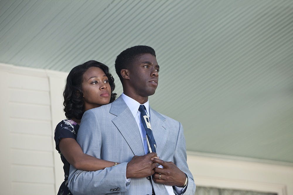 Nicole Beharie, left,  as Rachel Robinson and Chadwick Boseman (right) as Jackie Robinson are seen in Warner Bros. Pictures and Legendary Pictures drama &quot;42,&quot; a Warner Bros. Pictures release. (D. Stevens/Warner Bros/MCT)