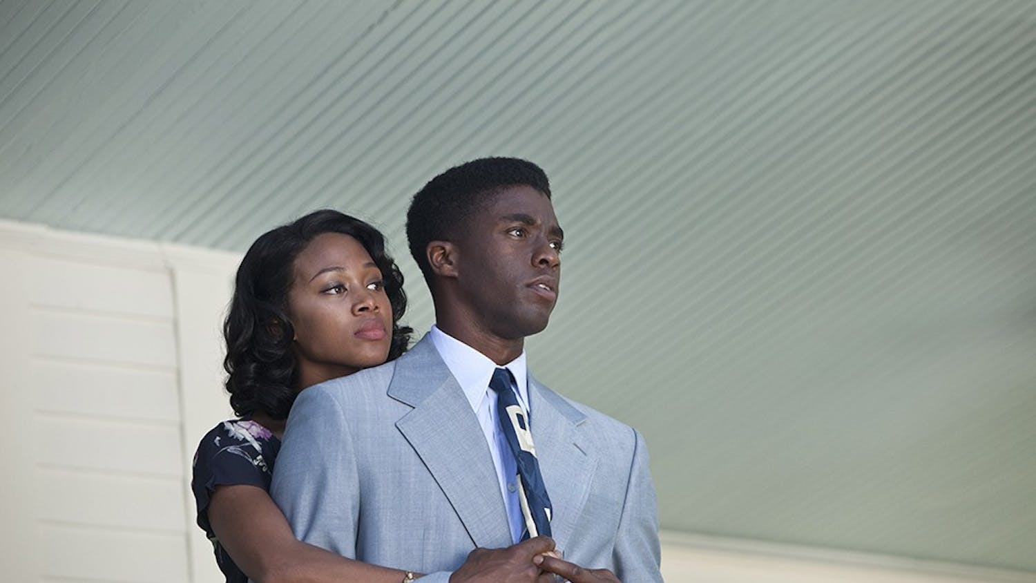 Nicole Beharie, left,  as Rachel Robinson and Chadwick Boseman (right) as Jackie Robinson are seen in Warner Bros. Pictures and Legendary Pictures drama &quot;42,&quot; a Warner Bros. Pictures release. (D. Stevens/Warner Bros/MCT)