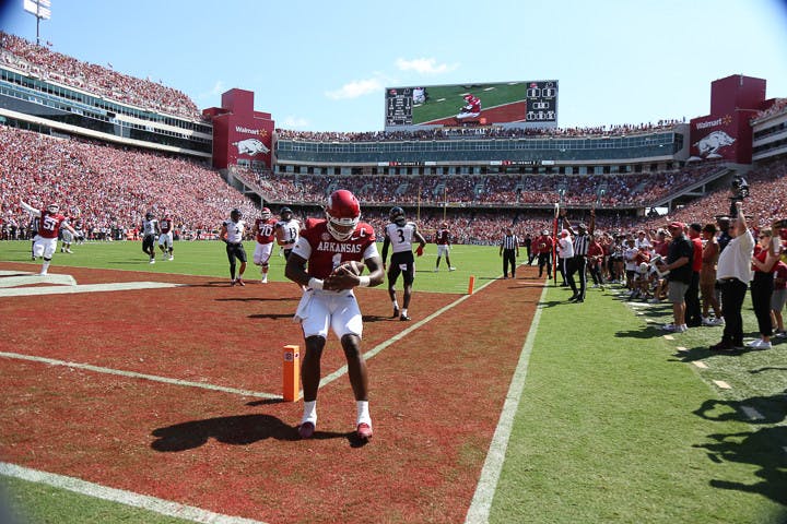 Arkansas Junior Quarterback KJ Jefferson scores the first touchdown of the game against Cincinnati on September 3, 2022. The Razorbacks beat the Bearcats 31-24.