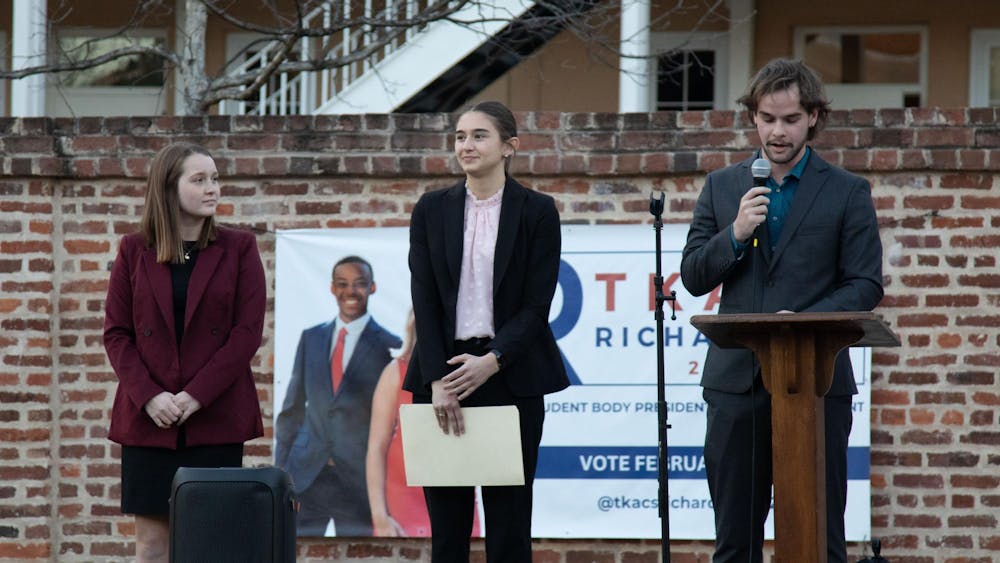 <p>Members of the University of South Carolina elections committee and election participants stand on a stage as they await the results from the most recent election on Feb. 26, 2025. Due to the impending court hearings, only the student body treasurer and speaker of the senate were revealed.</p>