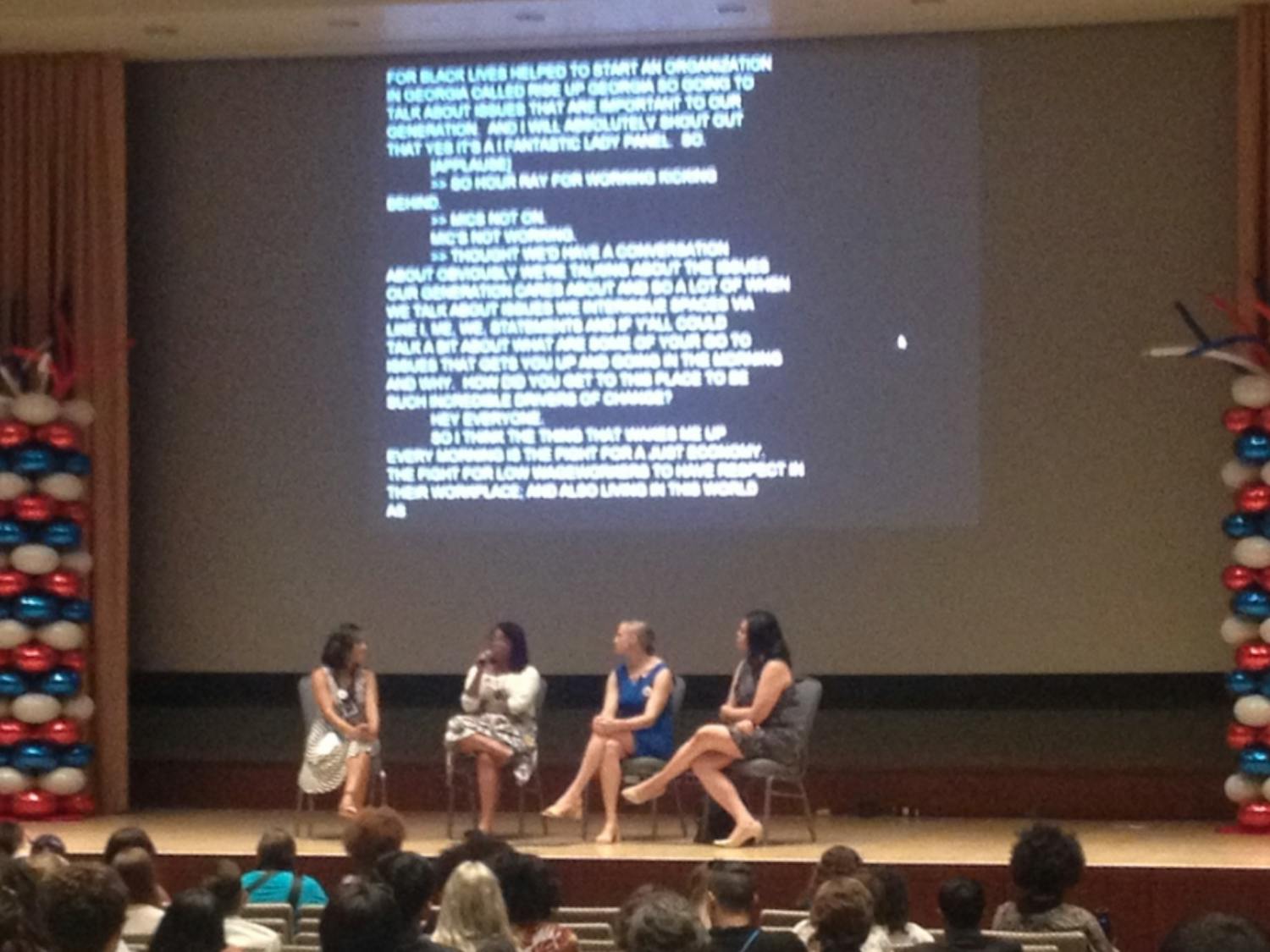 Panelists discuss issues affecting younger voters at the youth council meeting at the Democratic National Convention in Philadelphia on July 27, 2016. From left to right: Sarah Audelo, Clinton campaign millennial vote director; social justice activist Nelini Stamp; Gen Progress Executive Director Maggie Thompson; YP4 director Catalina Velasquez.