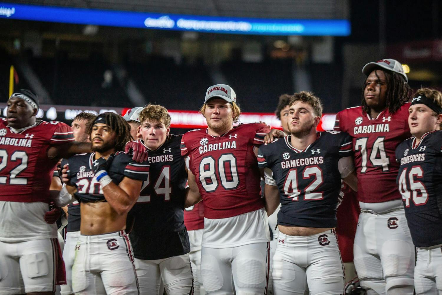 Members of the South Carolina football team gather in front of the Carolina Band for the alma mater following the 2024 Garnet &amp; Black Spring Game at Williams-Brice Stadium on April 20. The Garnet team defeated the Black team 17-0.