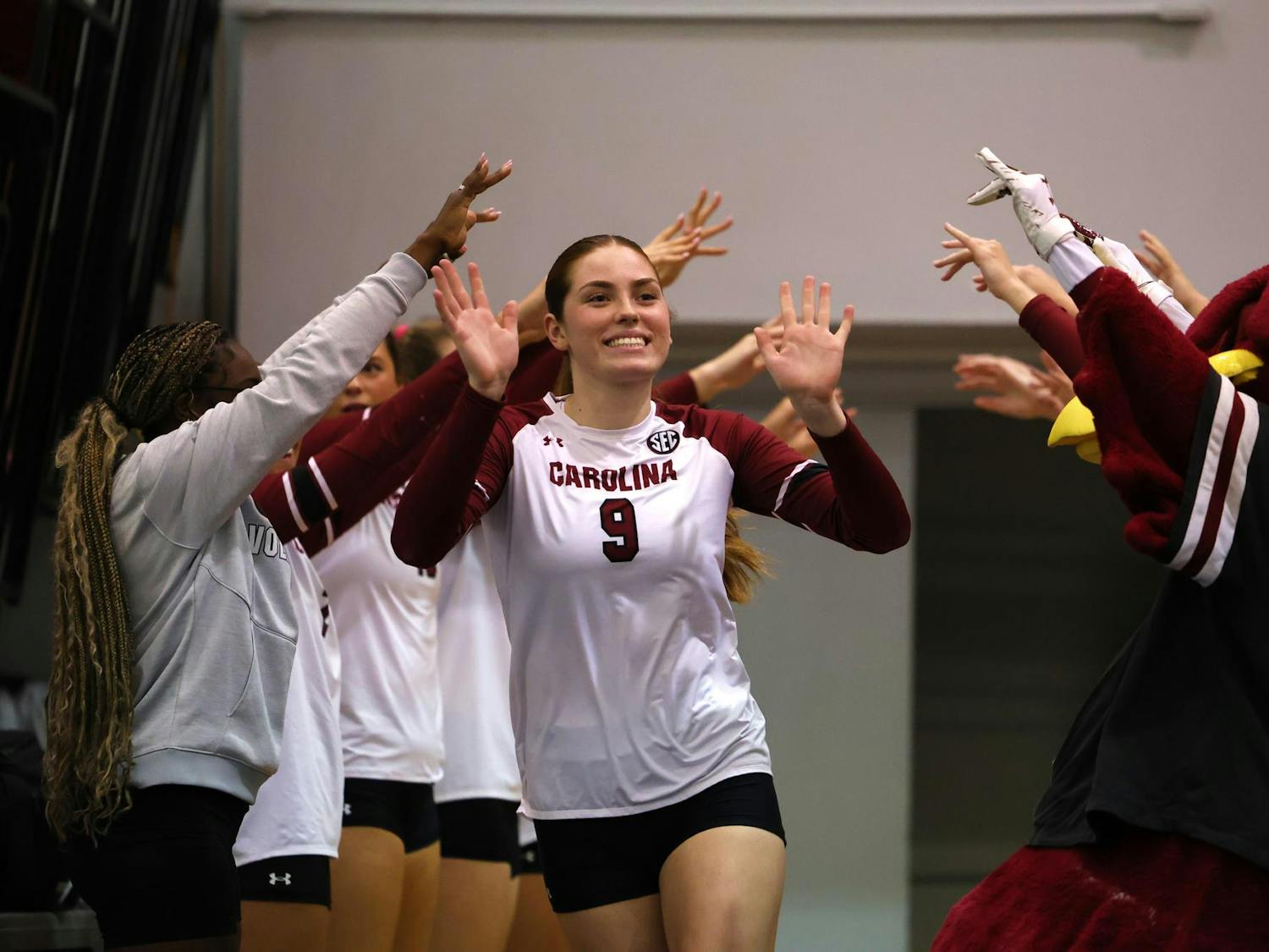 Graduate student middle blocker Ellie Ruprich waves to fans when she enters the Carolina Volleyball Center before a match on Sept. 6, 2024. The Gamecocks hosted the Temple Owls for the team’s first home match of the season.