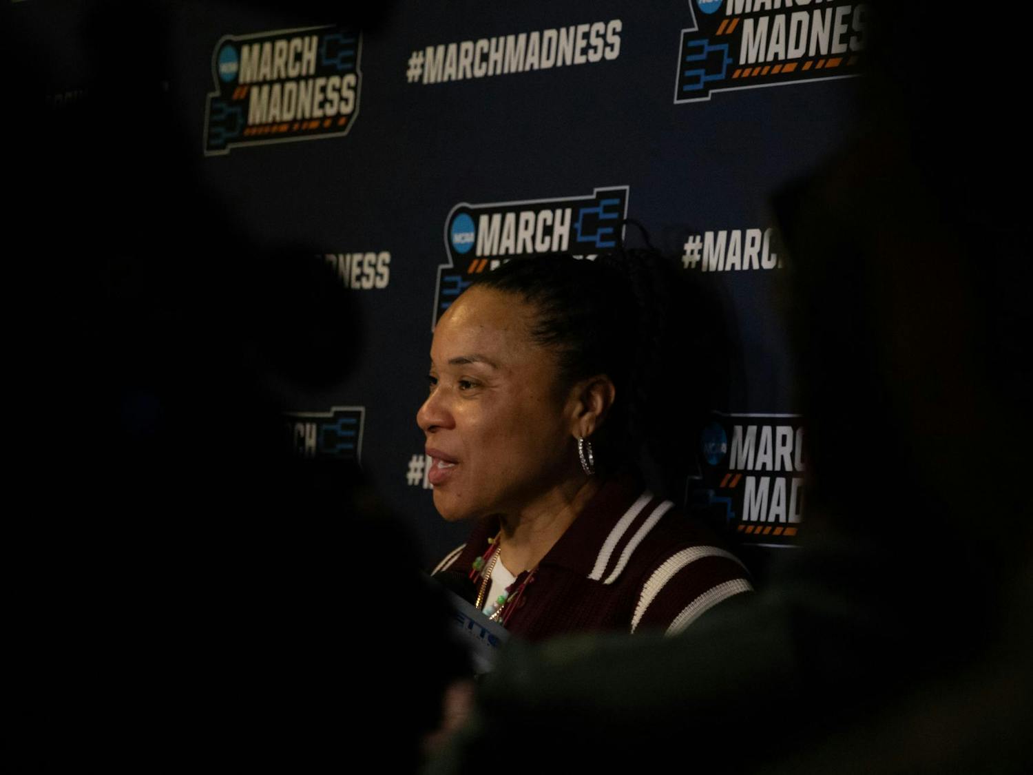 Head coach Dawn Staley talks to the press after the matchup between the University of South Carolina and Indiana University on March 23, 2025. Staley was named a Naismith Coach of the Year Semifinalist for the 2024-25 season.