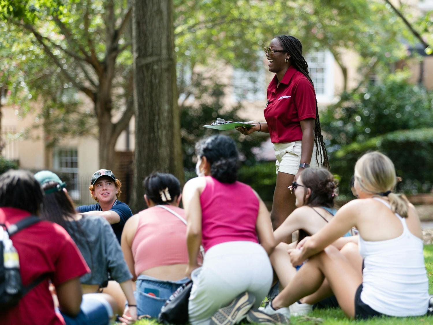 FILE— An orientation leader explains some of the activities available for students during their first few weeks on campus during an orientation session on July 20, 2022. Before starting their first semester at USC, freshmen students attend a two-day program to introduce them to campus and college life.&nbsp;