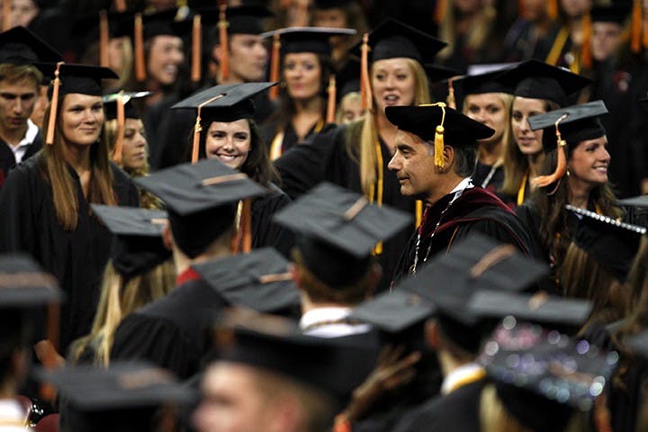 University of South Carolina president Harris Pastides heads to the stage during the school&apos;s commencement ceremony in Columbia, South Carolina, on Friday, May 10, 2013. (Gerry Melendez/The State/MCT)