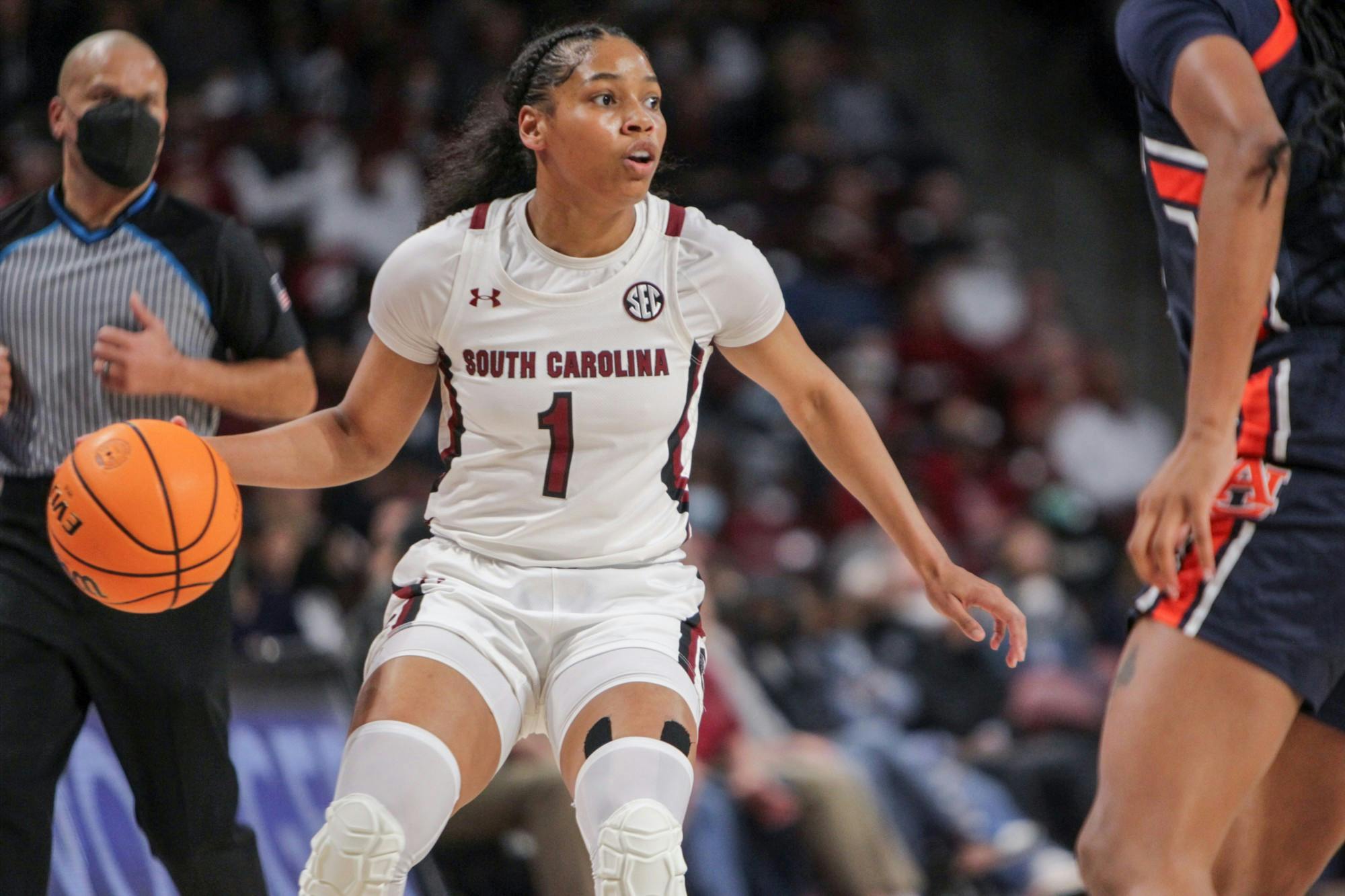 Junior guard Zia Cooke works around a defender during a game on Feb. 17, 2022 at Colonial Life Arena in Columbia, SC. The Gamecocks beat Auburn 75-38.