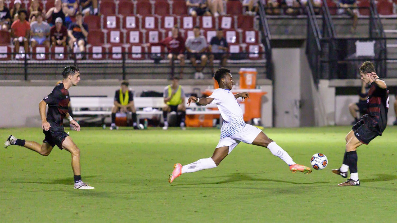 Presbyterian Sophmore Daniel Anani (forward) kicks the ball.