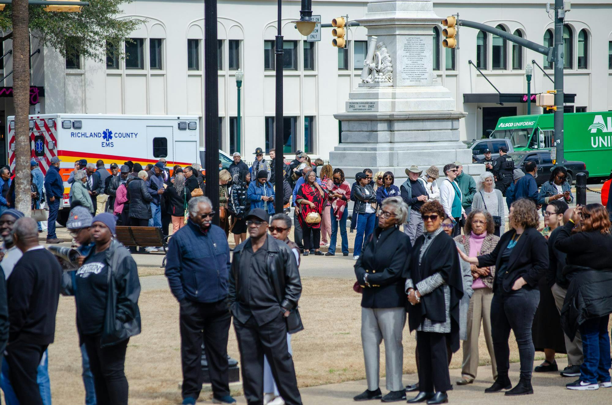 Members of the public wait in line to pay respects to the Rev. Jesse Jackson, who lies in state in the South Carolina State House on March 2, 2026. The line was long enough to completely encircle the building and then extend further towards Gervais Street.