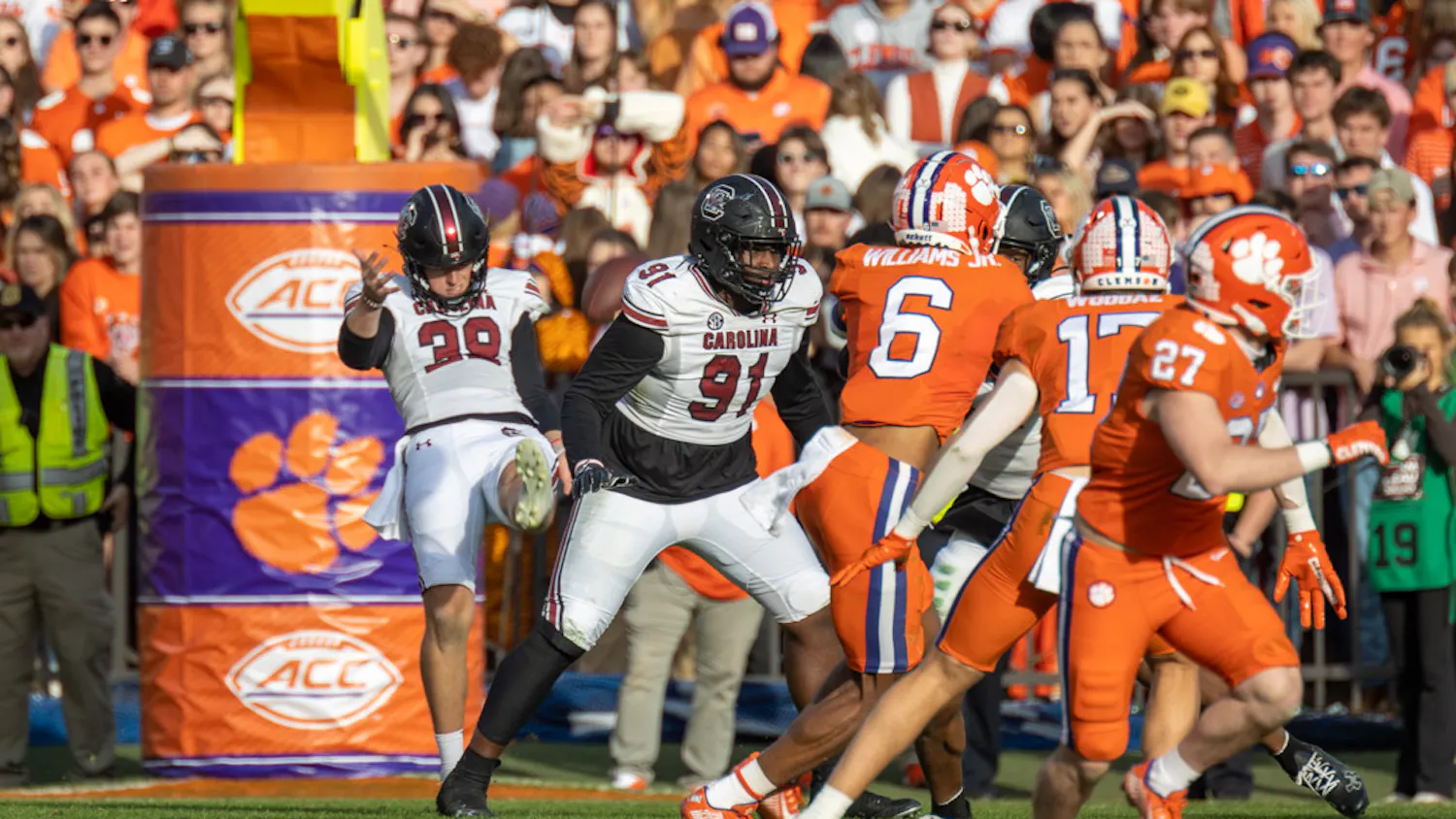 Junior punter Kai Kroeger punts away the ball after a stalled drive on Nov. 26, 2022, at Memorial Stadium. Kroeger punted for a total of 376 yards agains Clemson.