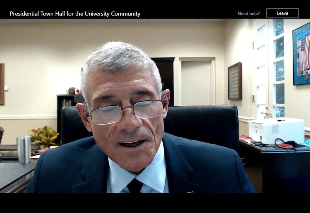 <p>University President Bob Caslen speaks in the virtual town hall meeting.</p>