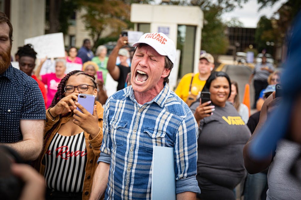 Protestor expresses his feelings to supporters at Benedict College Oct. 25.