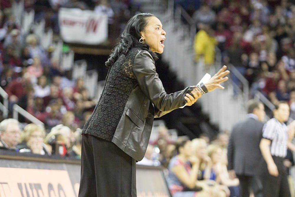 <p>Dawn Staley at the Women's basketball game against UConn.</p>