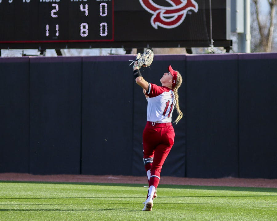 Fifth-year outfielder Haley Simpson chases after a fly ball during the matchup between South Carolina and Western Kentucky University on Feb. 19, 2023. The Gamecocks beat the Hilltoppers 11-2.&nbsp;