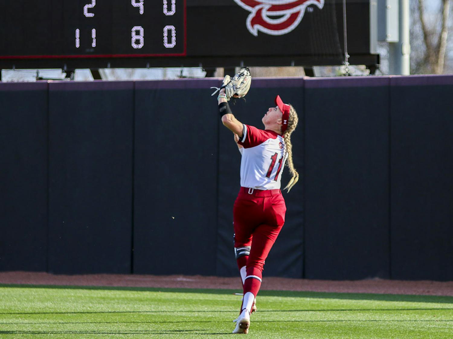 Fifth-year outfielder Haley Simpson chases after a fly ball during the matchup between South Carolina and Western Kentucky University on Feb. 19, 2023. The Gamecocks beat the Hilltoppers 11-2.&nbsp;