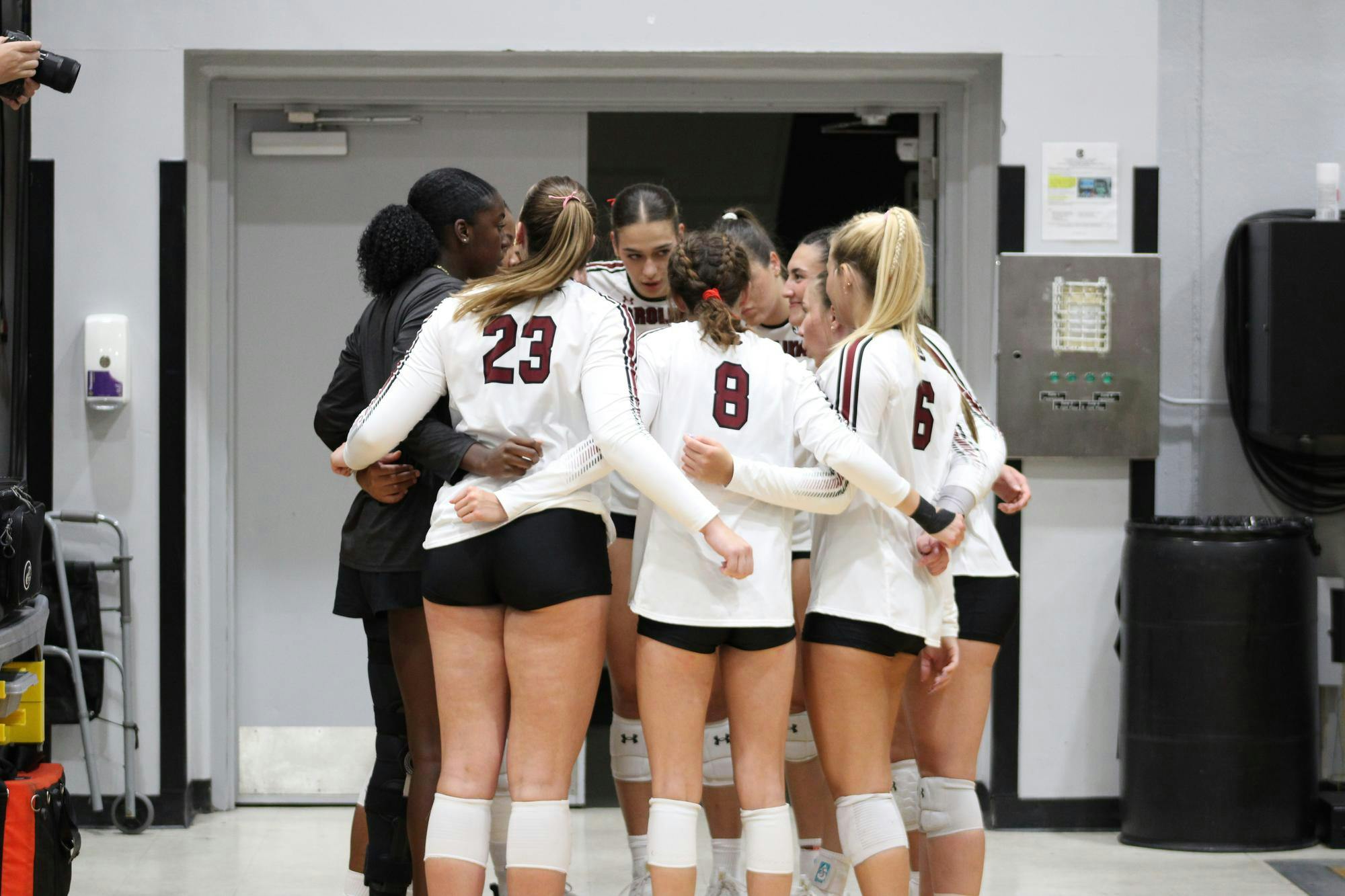 The USC women’s volleyball team circle together during a game against Texas A&amp;M on Oct. 1, 2025, at the Carolina Volleyball Center. Moments like these represent their strong teamwork and support for each other.