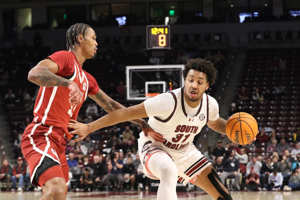 <p>South Carolina junior forward Elijah Strong protects the ball as he runs down the court in the Gamecocks' matchup against the Sooners on Jan. 20, 2026 at Colonial Life Arena. Strong played in the game for a total of 28 minutes, reaching a new season high.</p>