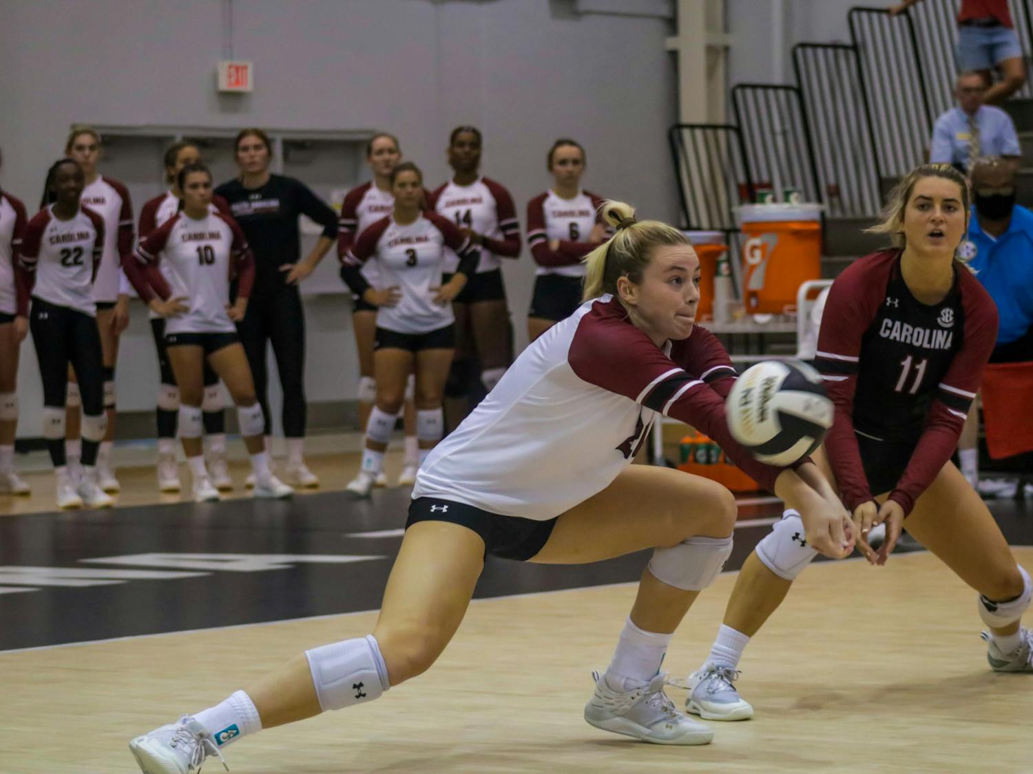 Junior outside hitter Riley Whitesides sets the ball during a game against Sacred Heart on Friday, Aug. 26, 2022.