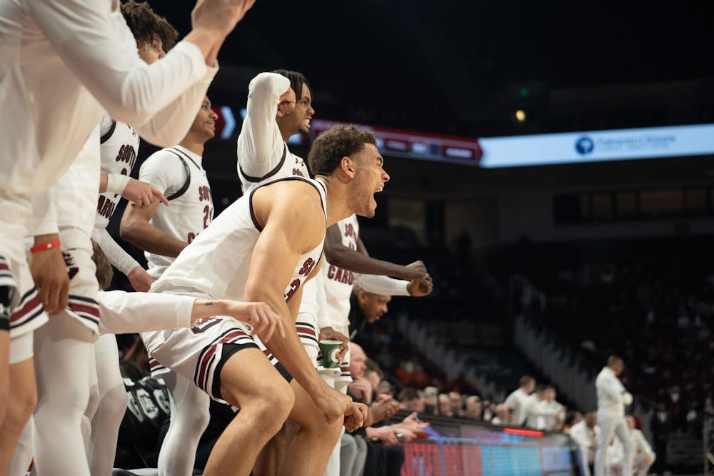 <p>The South Carolina Gamecocks bench gets hype after their teammate sophomore forward Collin Murray-Boyles gets an "and-one" called and heads to the free throw line to make a 3-point play during the Feb. 22, 2025 matchup against the Texas Longhorns.</p>