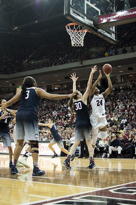 Sarah Imovbioh faces Breanna Stewart, one of UConn's best players. Despite UConn having a strong defense, the Gamecocks prevailed, sinking shots as often as they could. 