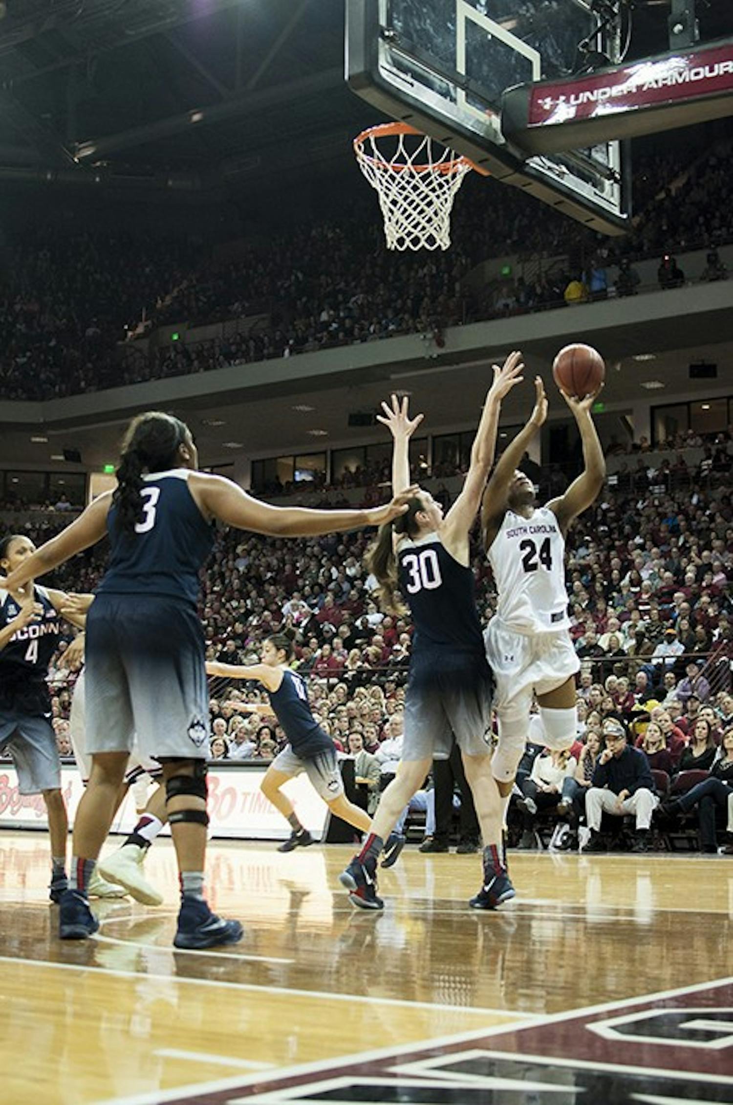 Sarah Imovbioh faces Breanna Stewart, one of UConn's best players. Despite UConn having a strong defense, the Gamecocks prevailed, sinking shots as often as they could. 