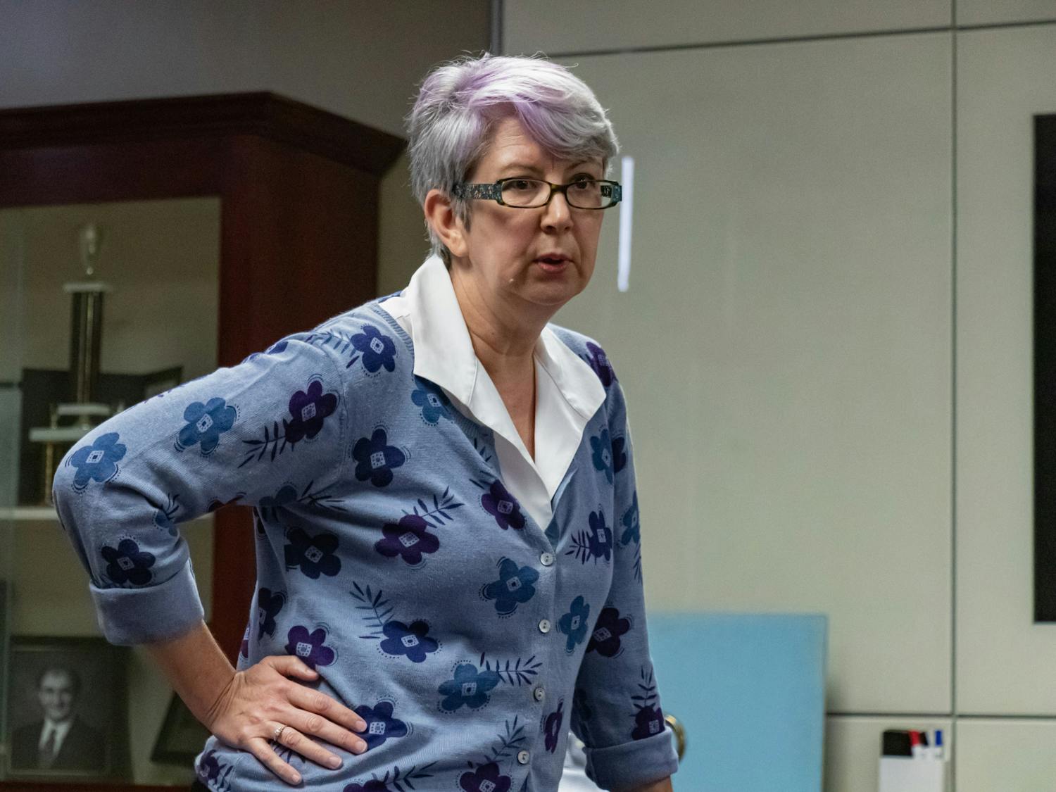 Ad-hoc committee chair Carol Harrison speaks to those attending the academic freedom of expression town hall in Russell House on March 27, 2023.  Harrison informed those of the purpose of the town hall and what had led up to it.  