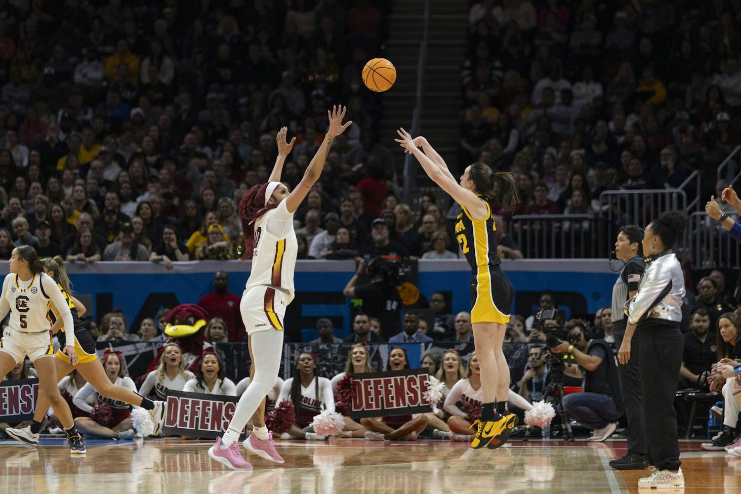 Hawkeye senior guard Caitlin Clark attempts a 3-point shot against the defense of Kamilla Cardoso during the NCAA national championship game on April 7, 2024. Both Clark and Cardoso were named to the NCAA All Tournament team.