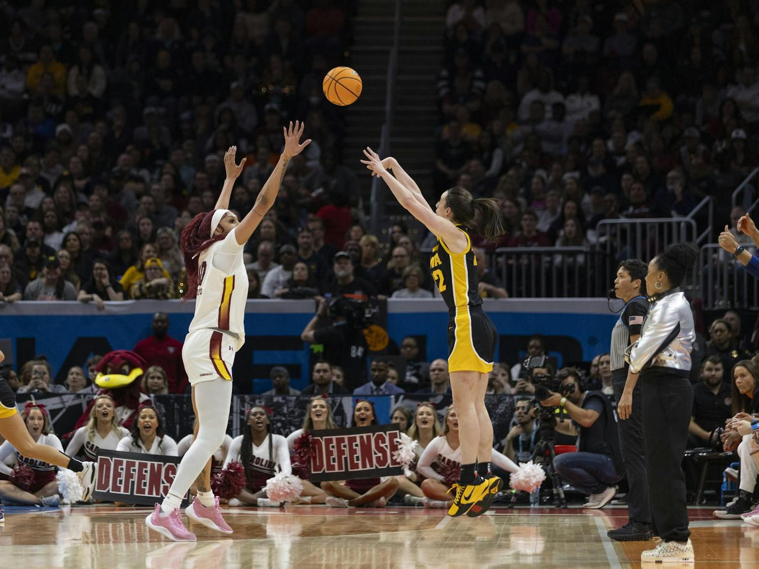 Hawkeye senior guard Caitlin Clark attempts a 3-point shot against the defense of Kamilla Cardoso during the NCAA national championship game on April 7, 2024. Both Clark and Cardoso were named to the NCAA All Tournament team.