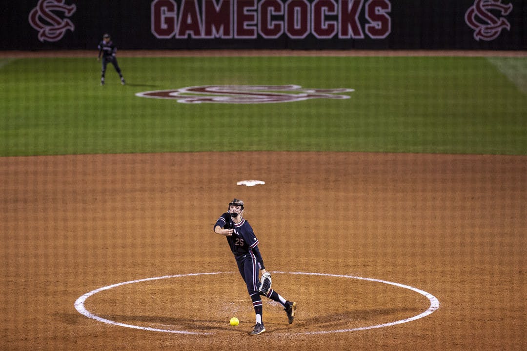 Freshman pitcher Jodi Heard throws the ball to LSU's batter during the second matchup of the doubleheader at Beckham Field on March 13, 2023. The Tigers beat the Gamecocks 5-1.