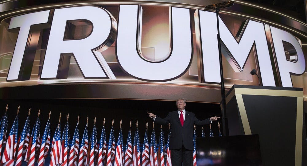 Republican presidential candidate Donald Trump accepts the party's nomination on the last day of the Republican National Convention on Thursday, July 21, 2016, at Quicken Loans Arena in Cleveland. (Brian van der Brug/Los Angeles Times/TNS)