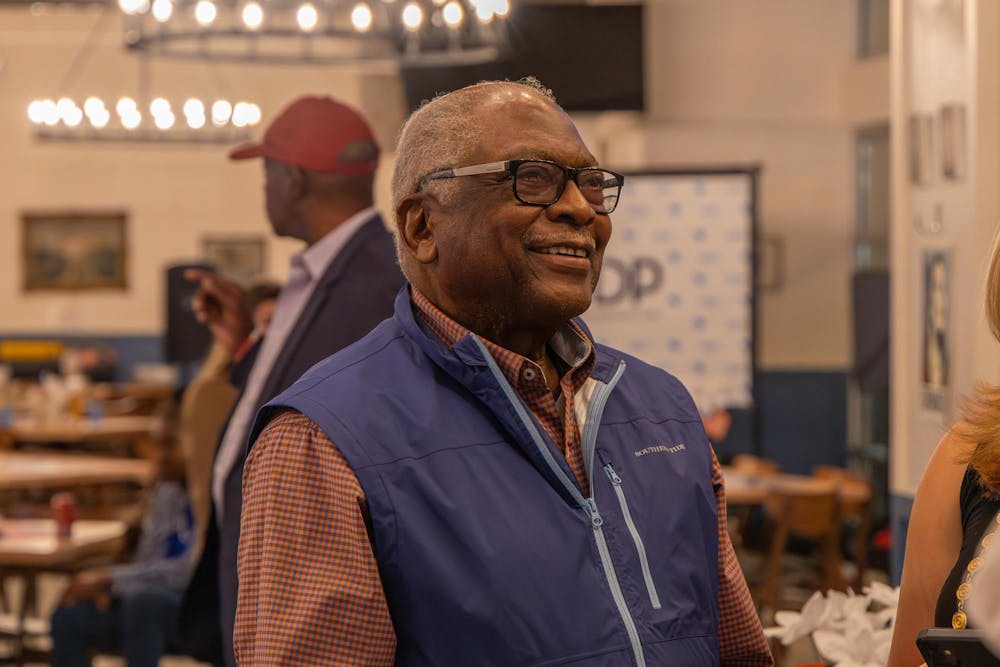 <p>Congressman James E. Clyburn smiles while talking to a reporter at the Richland County Democratic Party election watch party on Nov. 5, 2024. Clyburn was re-elected as the representative for South Carolina's 6th congressional district.</p>