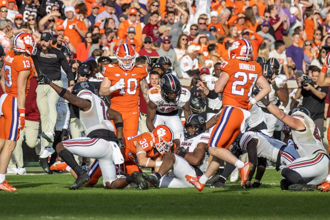 Freshman defensive back Nick Emmanwori holding a fumble by Clemson on Nov. 28, 2022 at Memorial Stadium. The Gamecocks picked up two fumbles and an interception from Clemson.