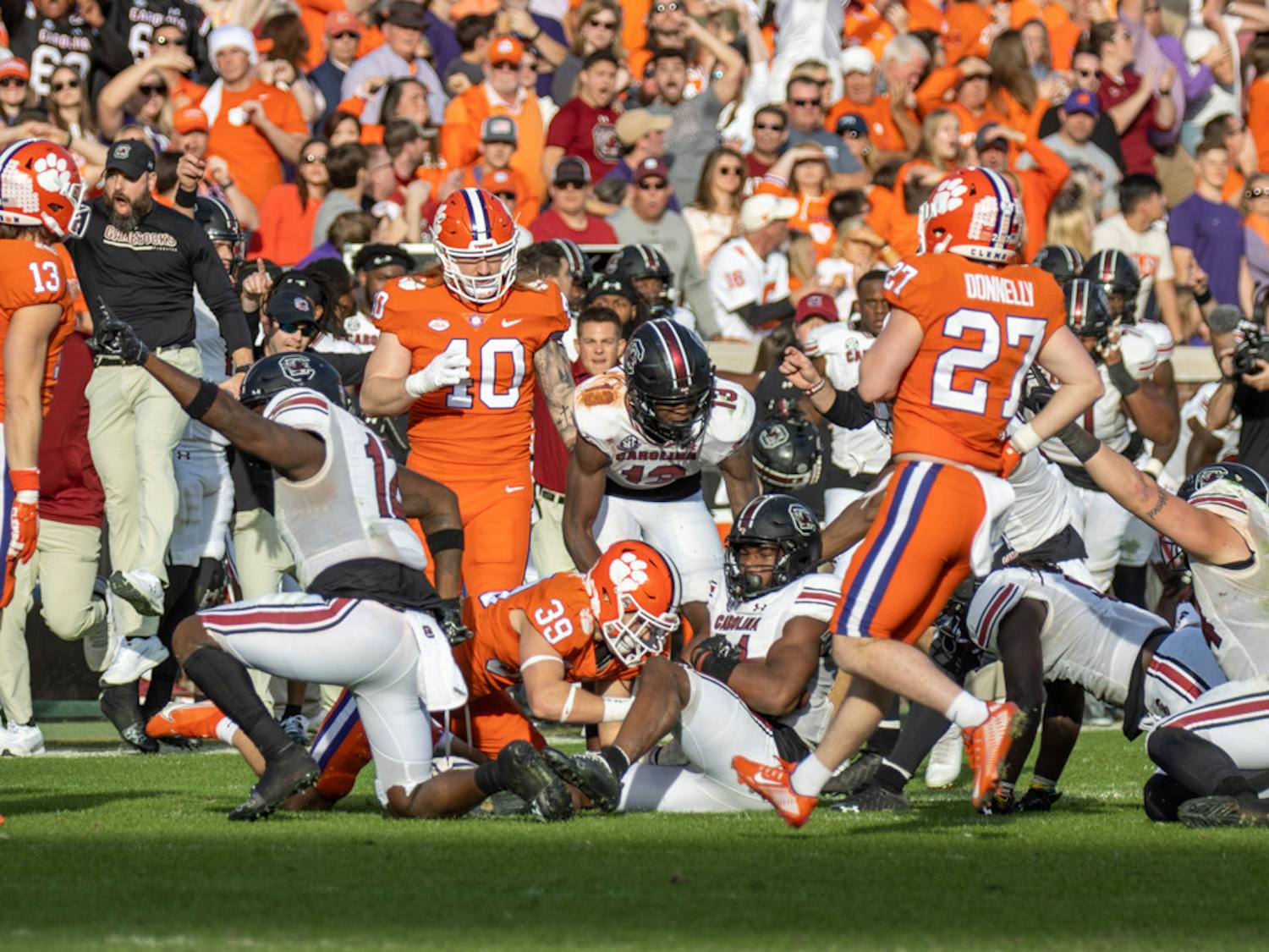 Freshman defensive back Nick Emmanwori holding a fumble by Clemson on Nov. 28, 2022 at Memorial Stadium. The Gamecocks picked up two fumbles and an interception from Clemson.