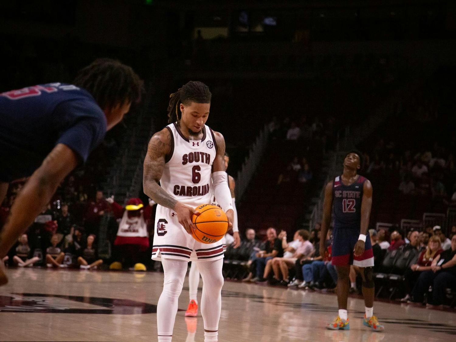 Senior guard Jamarii Thomas steps up to the foul line against South Carolina State University on Nov. 8, 2024. Thomas was 5-8 for free throws on the night.