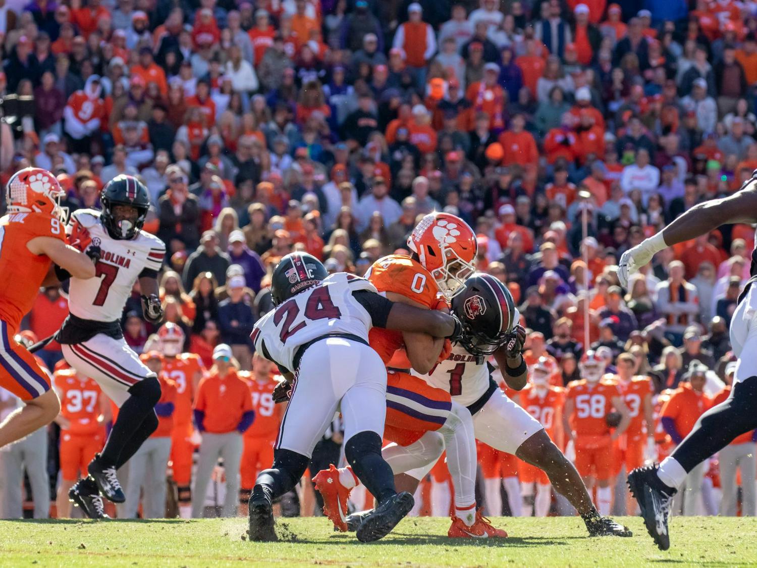 Sophomore defensive back Jalon Kilgore tackles a Clemson player in the backfield on Nov. 30, 2024. Kilgore had 5 total tackles in the Palmetto Bowl.