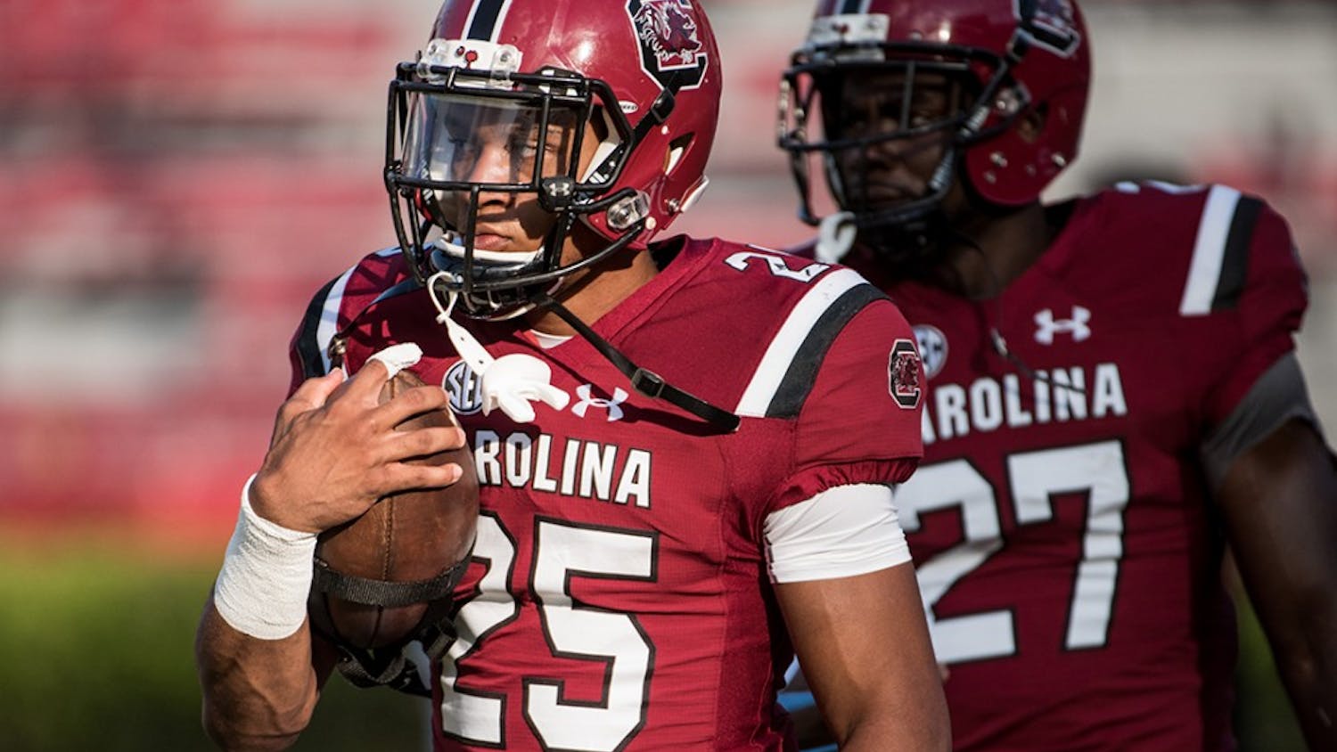 South Carolina running back A.J. Turner carries the ball during football practice Wednesday evening at Williams Brice Stadium. 8/17/16