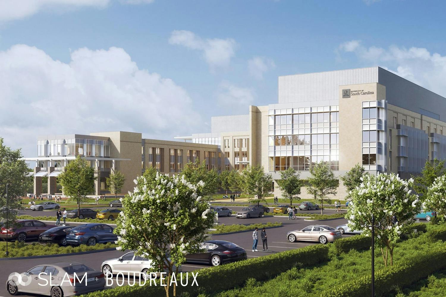 A rendered image of the future building for South Carolina's School of Medicine. The building is set to be located in the BullStreet district and is slated to be completed by the fall of 2027. The original plan included two separate buildings but was amended to include only one to reflect collaboration between education and research.