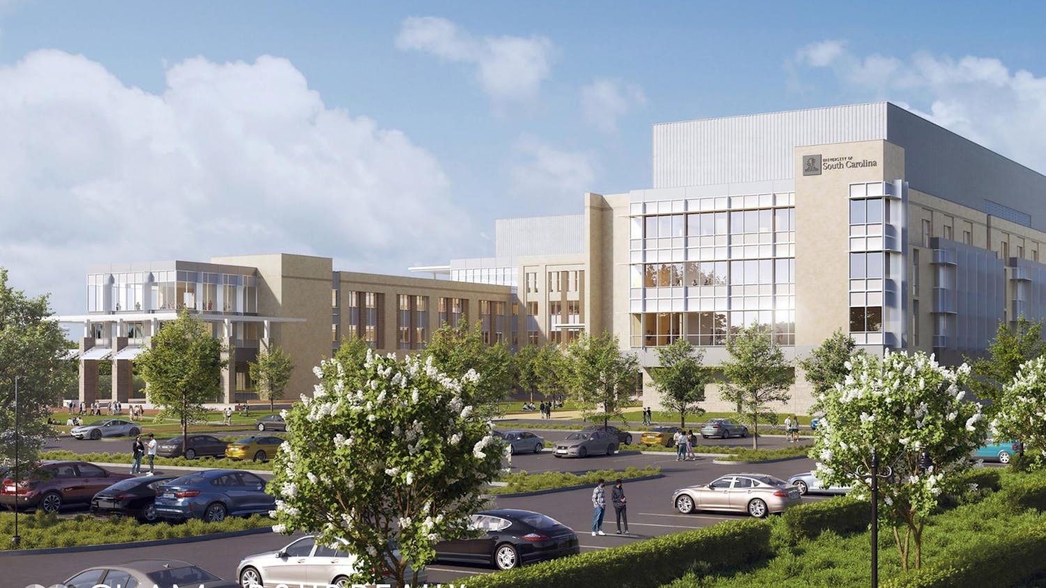 A rendered image of the future building for South Carolina's School of Medicine. The building is set to be located in the BullStreet district and is slated to be completed by the fall of 2027. The original plan included two separate buildings but was amended to include only one to reflect collaboration between education and research.