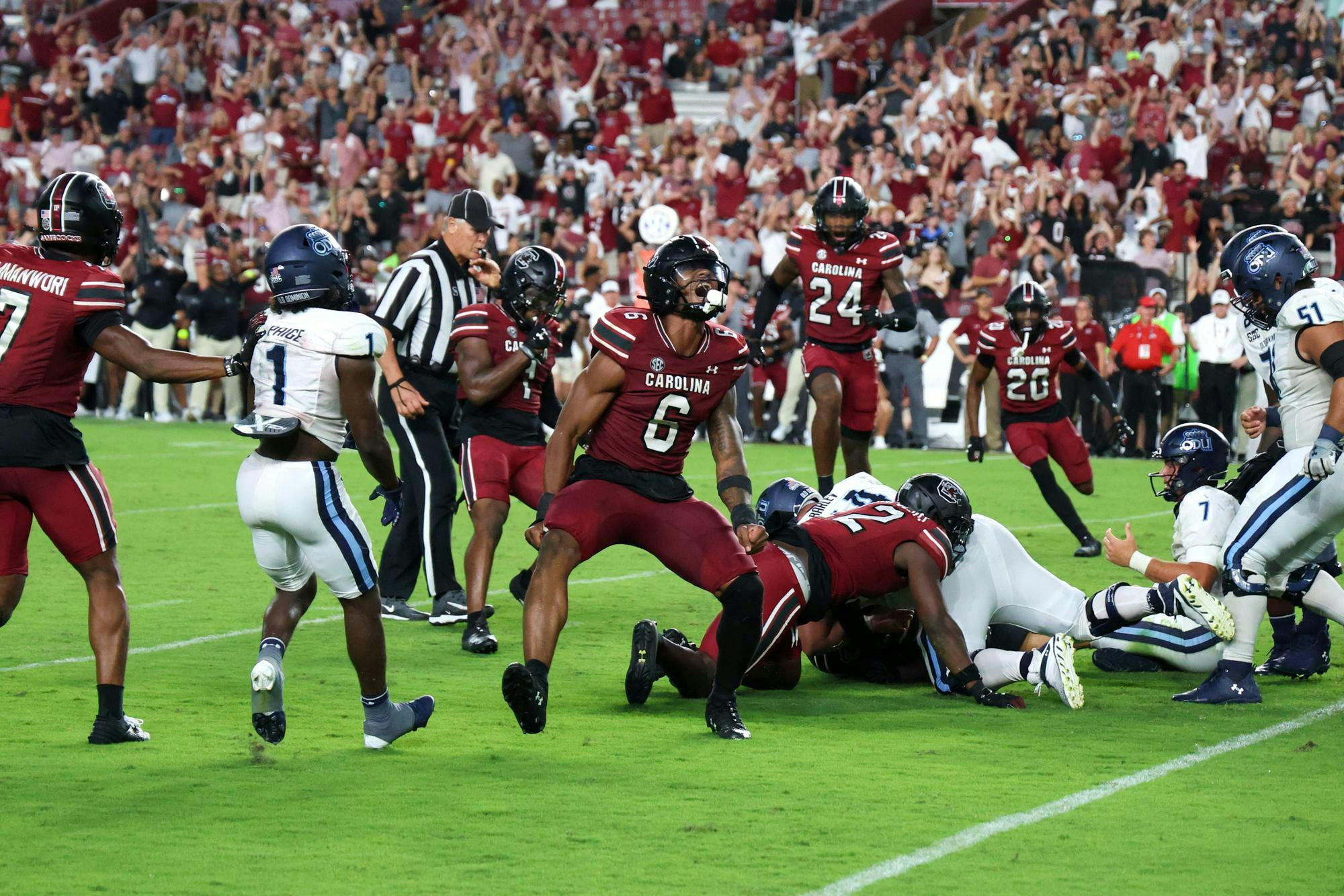 FILE — Freshman edge rusher Dylan Stewart celebrates after forcing Old Dominion to fumble the ball in the fourth quarter of their matchup on Aug. 31, 2024 at Williams-Brice Stadium. Stewart recorded four total tackles, 1.5 sacks, and forced two fumbles in his first game for the Gamecocks.