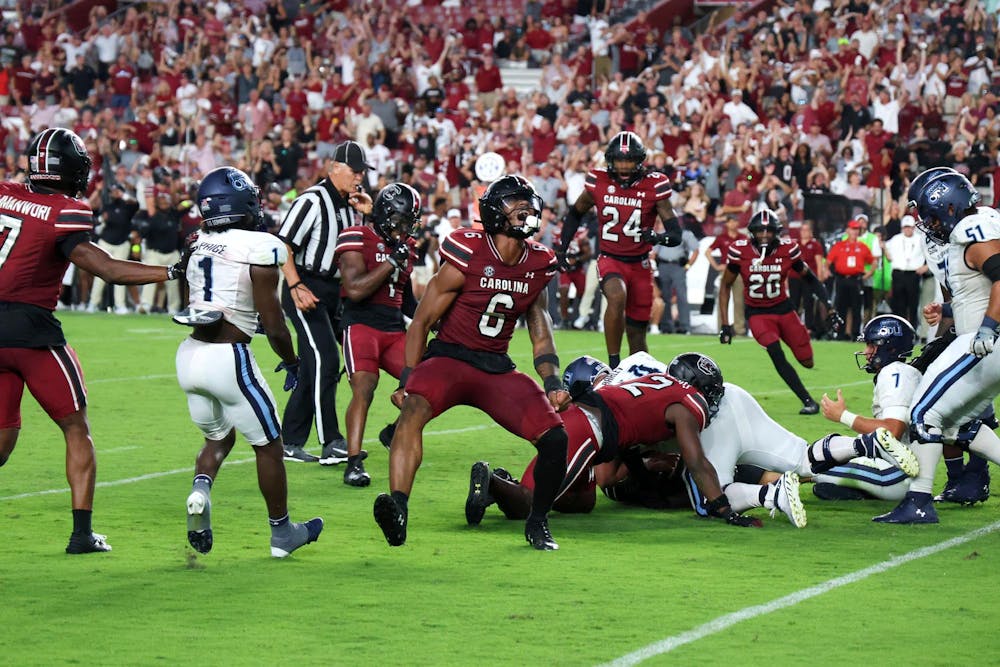 <p>FILE — Freshman edge rusher Dylan Stewart celebrates after forcing Old Dominion to fumble the ball in the fourth quarter of their matchup on Aug. 31, 2024 at Williams-Brice Stadium. Stewart recorded four total tackles, 1.5 sacks, and forced two fumbles in his first game for the Gamecocks.</p>