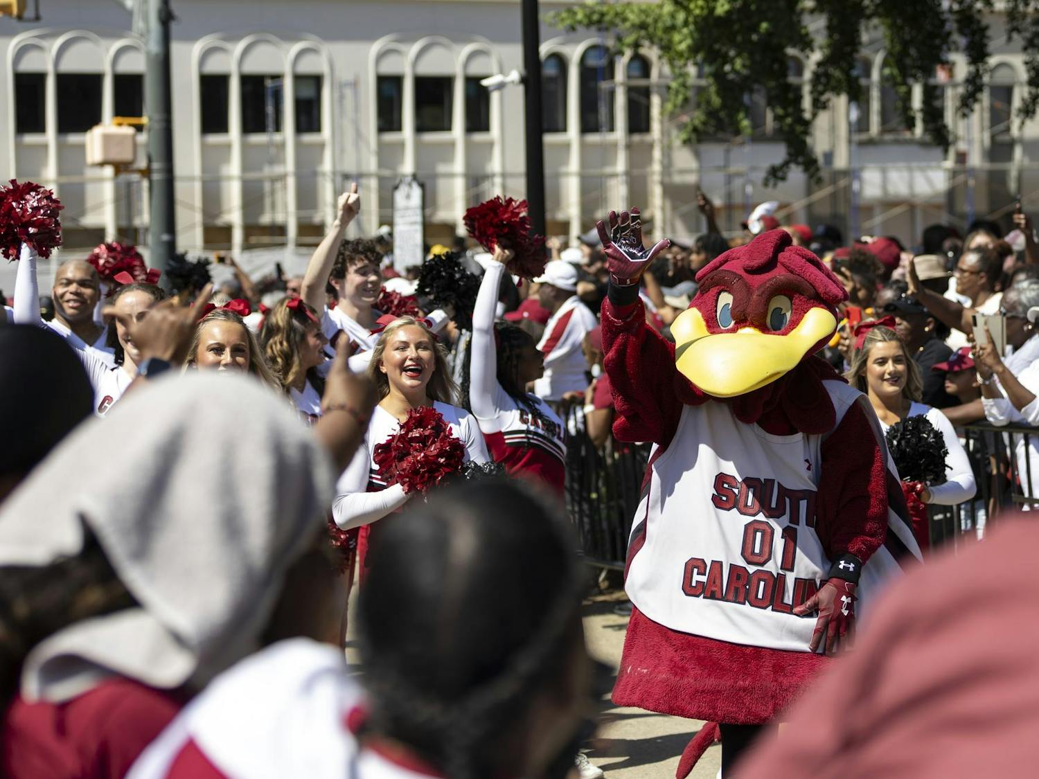 Cocky and South Carolina cheerleaders walk in the national championship parade down Main Street on April 14, 2024. Cheerleaders, Cocky, the Carolina Coquettes and the Carolina Band were a portion of the population present at the parade.
