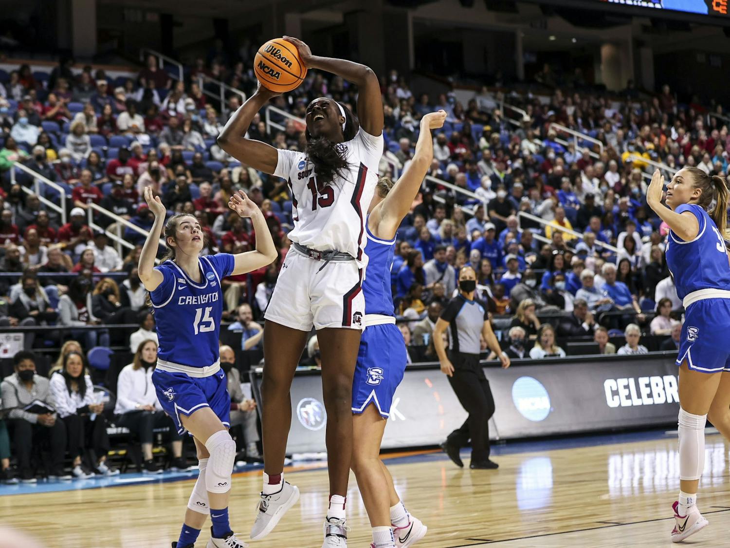 Junior forward Laeticia Amihere shooting a layup during the third quarter of South Carolina's 80-50 victory over Creighton in the Elite Eight on Sunday, March 27, 2022.
