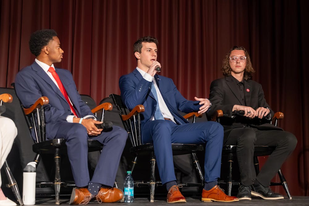 <p>FILE — Third-year risk management and insurance student Cole Rotondo speaks during the Student Government election debate on Feb. 19, 2026. Rotondo's campaign was found not guilty of election conduct violations.</p>