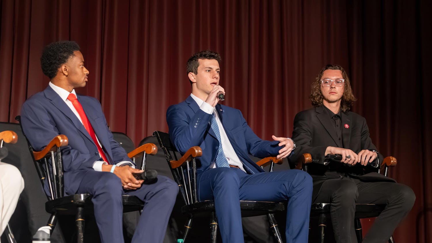FILE — Third-year risk management and insurance student Cole Rotondo speaks during the Student Government election debate on Feb. 19, 2026. Rotondo's campaign was found not guilty of election conduct violations.
