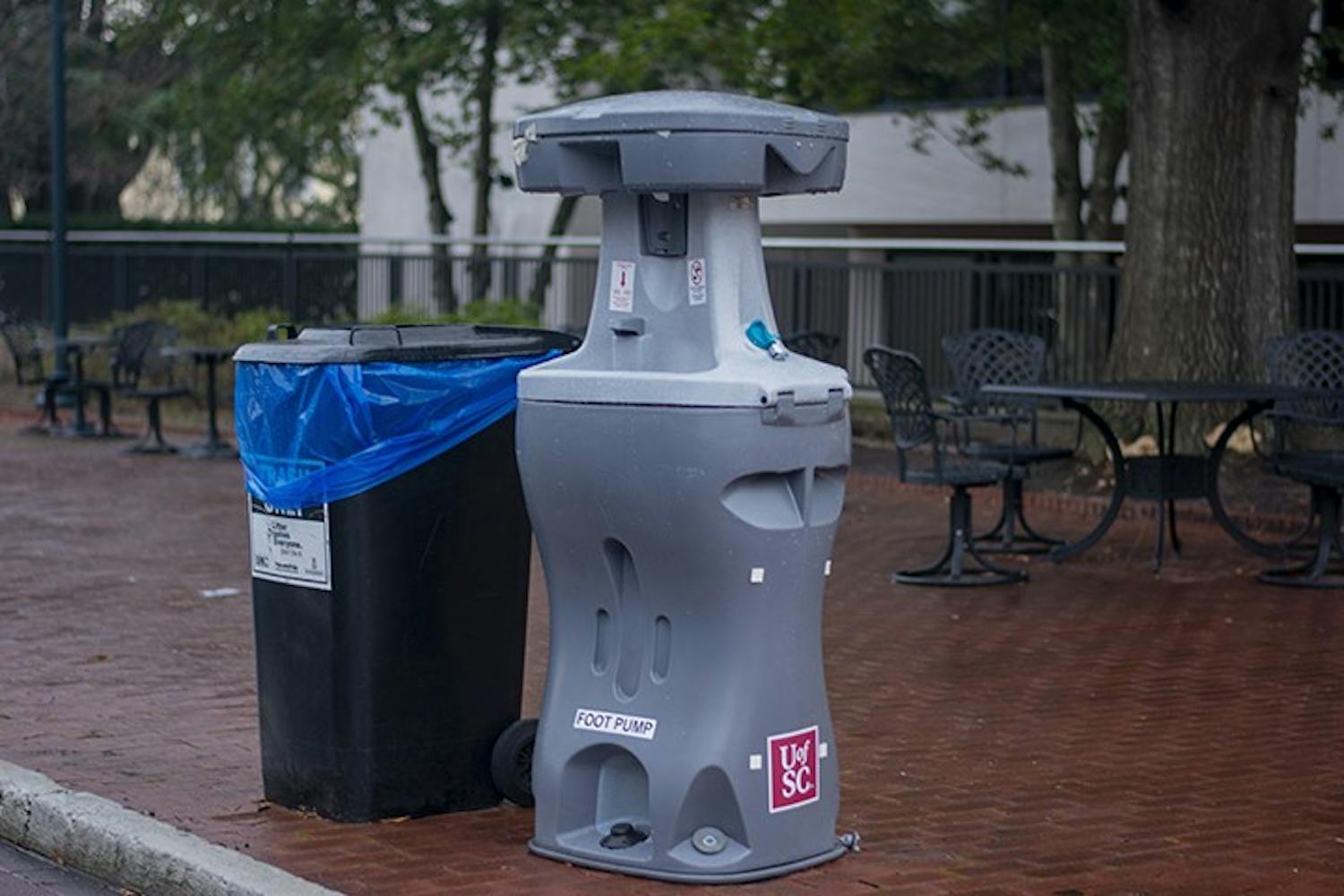 A handwashing station sits on Greene Street outside of Russell House. Handwashing stations are one of the various safety measures implemented by USC as COVID-19 cases continue to rise nationwide.