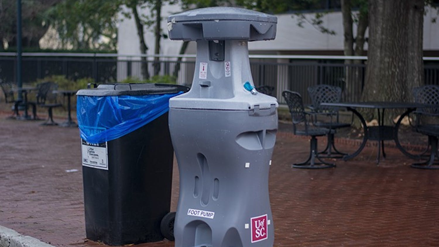 A handwashing station sits on Greene Street outside of Russell House. Handwashing stations are one of the various safety measures implemented by USC as COVID-19 cases continue to rise nationwide.
